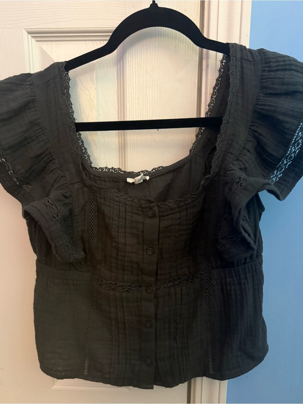 aerie Black Scoop Neck Button-Front Blouse with Lace Trim